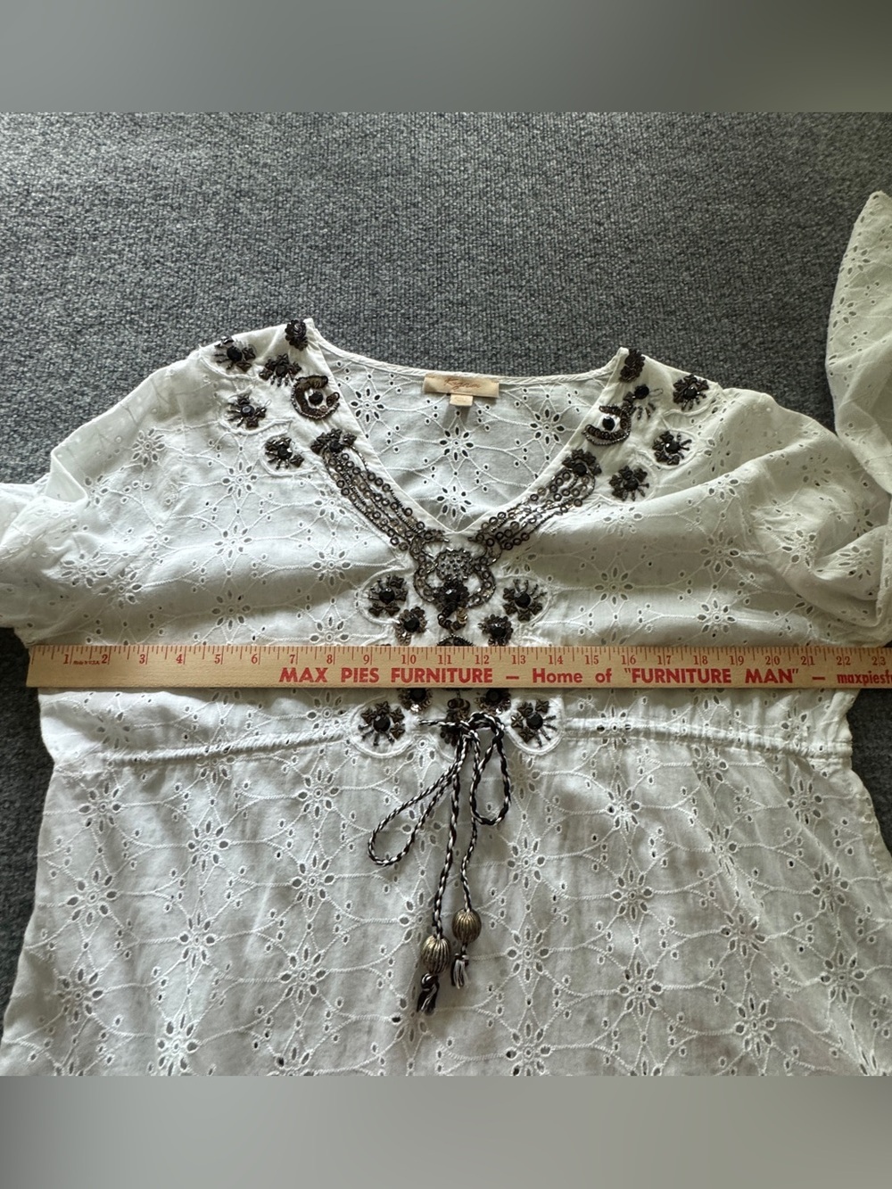 Kyra Beaded Eyelet Peasant Blouse L Boho Festival Cottagecore Resort Cotton - Picture 10 of 16